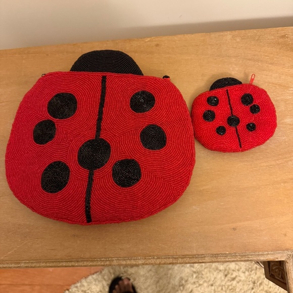 VTG Red Black Seed Beaded Ladybug Purse & Wallet Set Kitsch Handbag Mid-Century - Picture 2 of 10